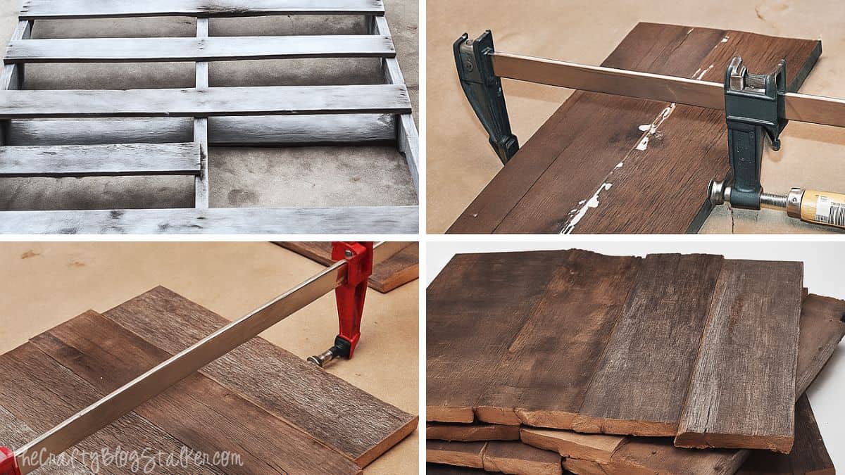 Four-step photo collage showing pallet wood being taken apart, glued, clamped, and assembled into rustic wooden boards for a DIY craft project.