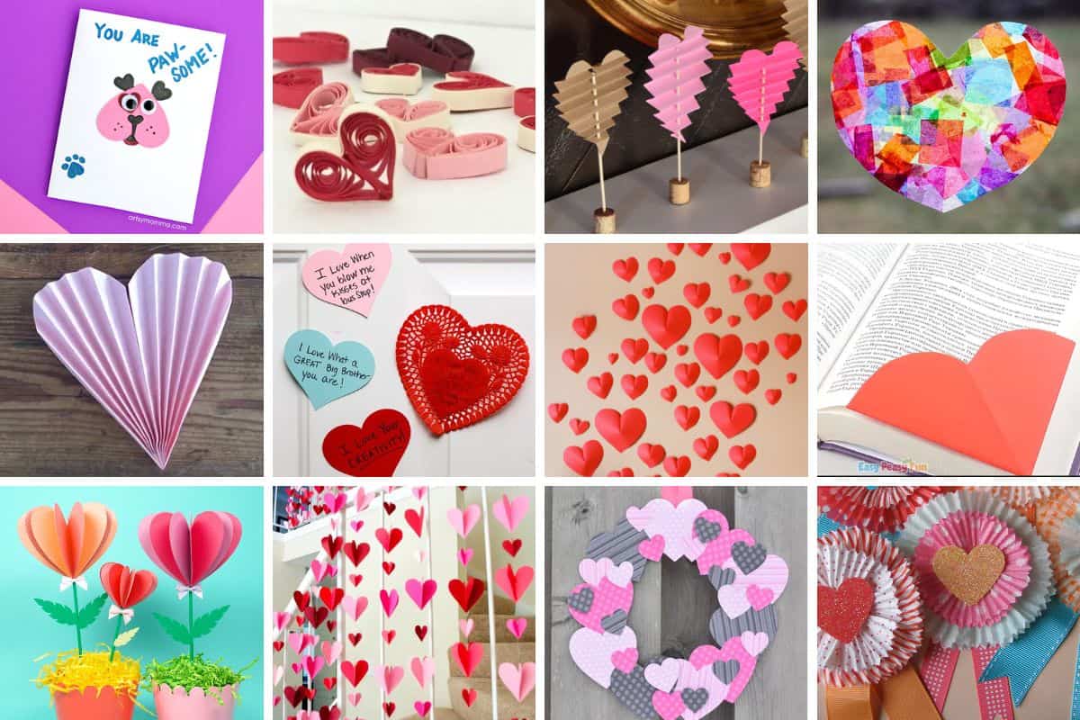 Collage with 12 Paper Heart Crafts.