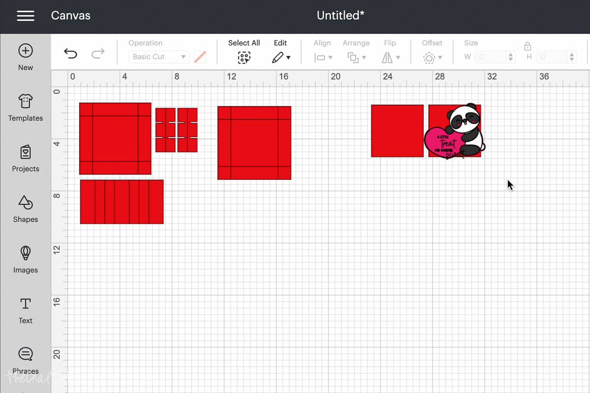 Screen shot of Cricut Design Space with the Valentine Chocolate Box uploaded.
