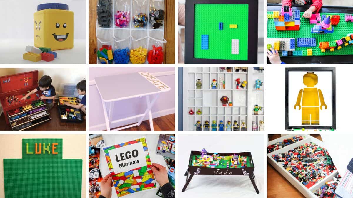 Collage of creative LEGO storage and play ideas, including DIY tables, wall displays, sorting organizers, trays, and repurposed containers for kids' LEGO collections.