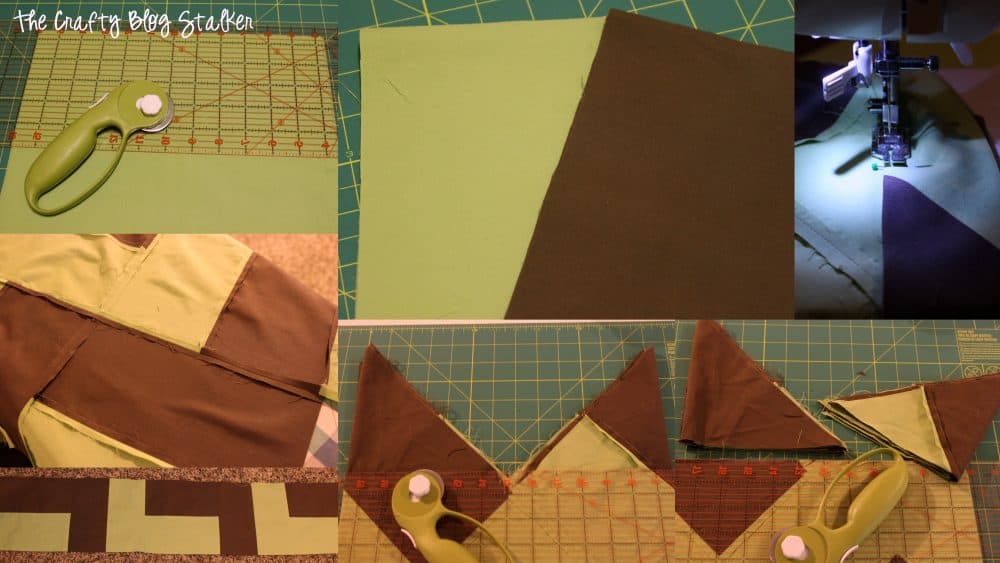 collage of step by step photos for cutting and sewing the chevron pieces into a quilt top