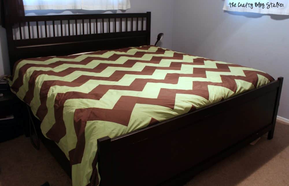 the finished chevron pattern bedding from sheets in the master bedroom