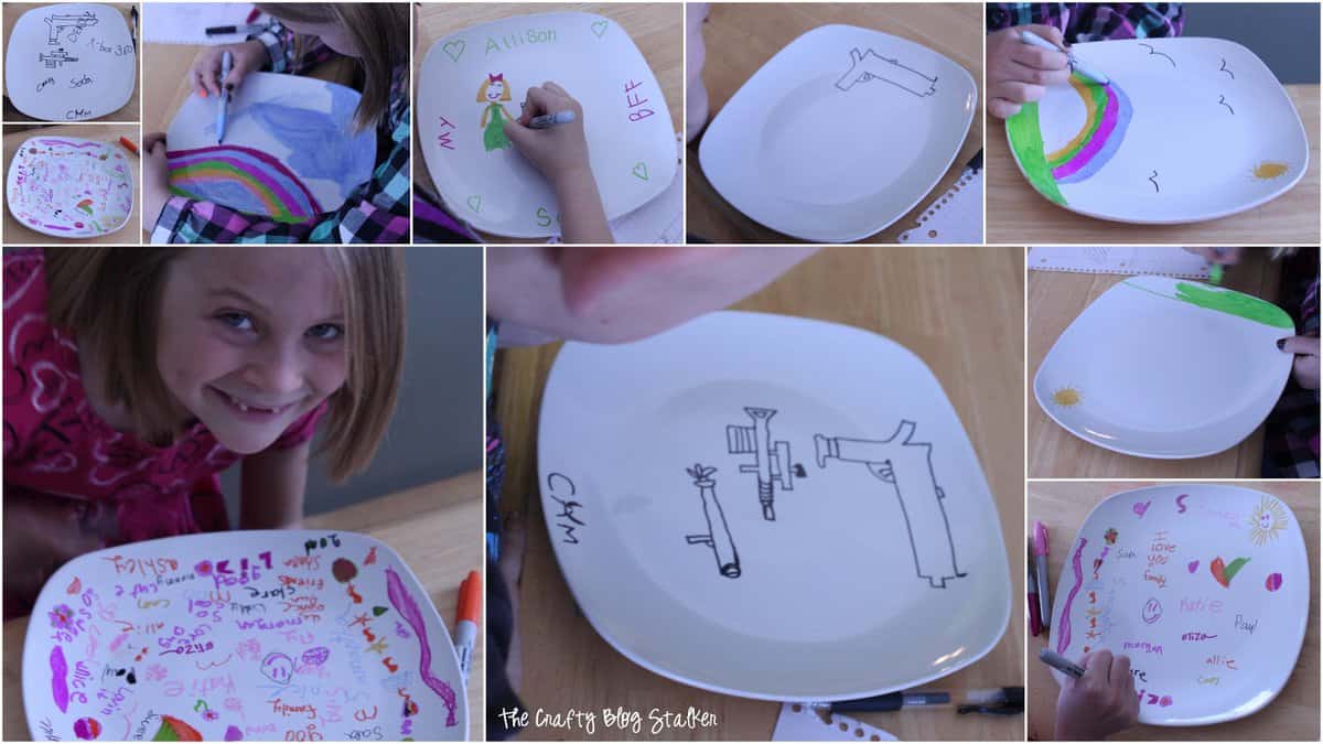 Collage of the progress of the kids coloring their plates.