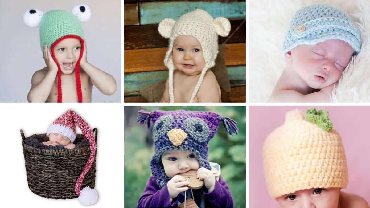A collage of six babies and toddlers wearing cute crochet hats, including designs like a frog, bear, owl, and fruit-themed beanies.