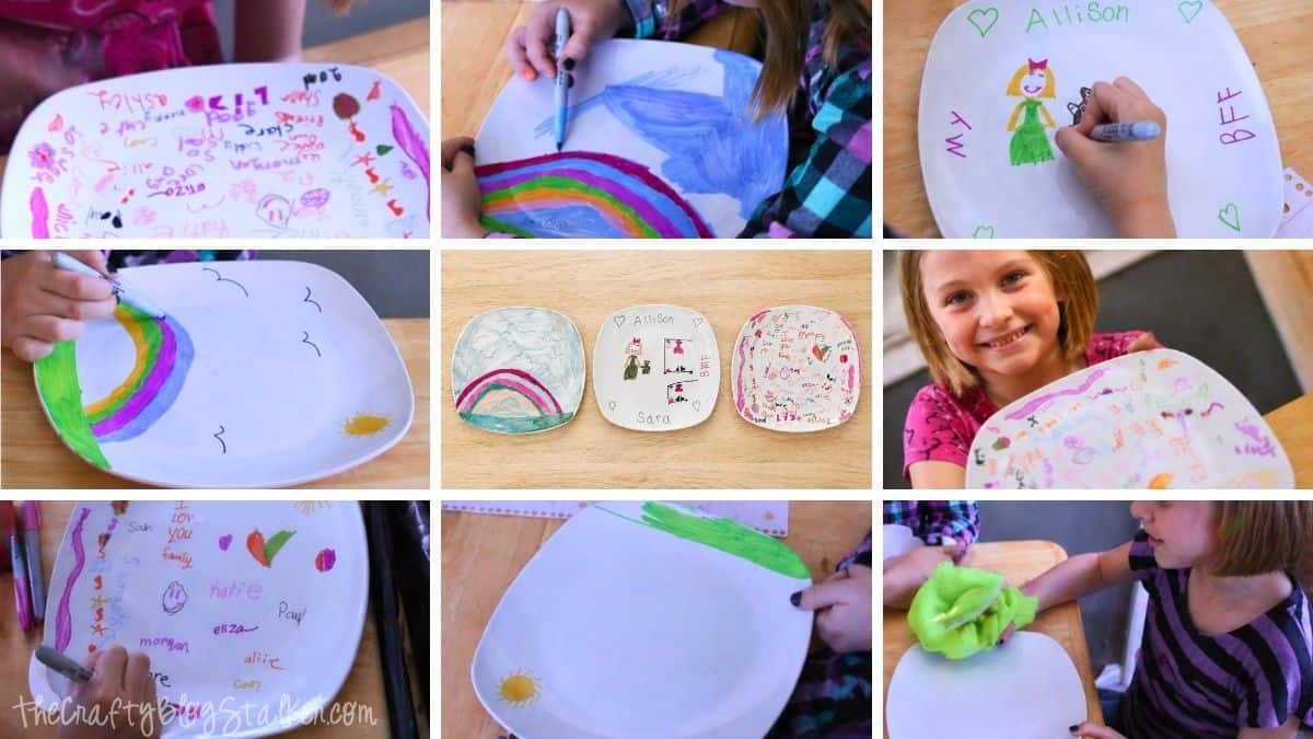 Collage of kids decorating ceramic plates with Sharpie markers, showing drawing, coloring, and finished personalized plate designs.
