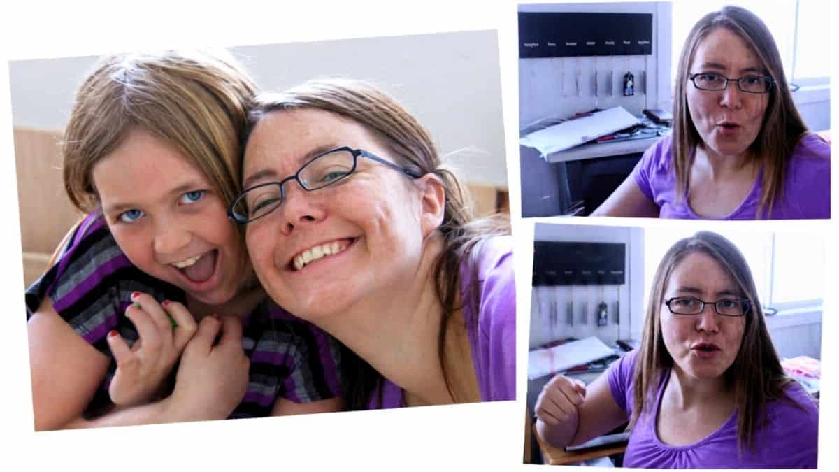 Collage of a smiling woman and girl taking a selfie together, plus two images of the woman speaking on camera at a craft workspace.