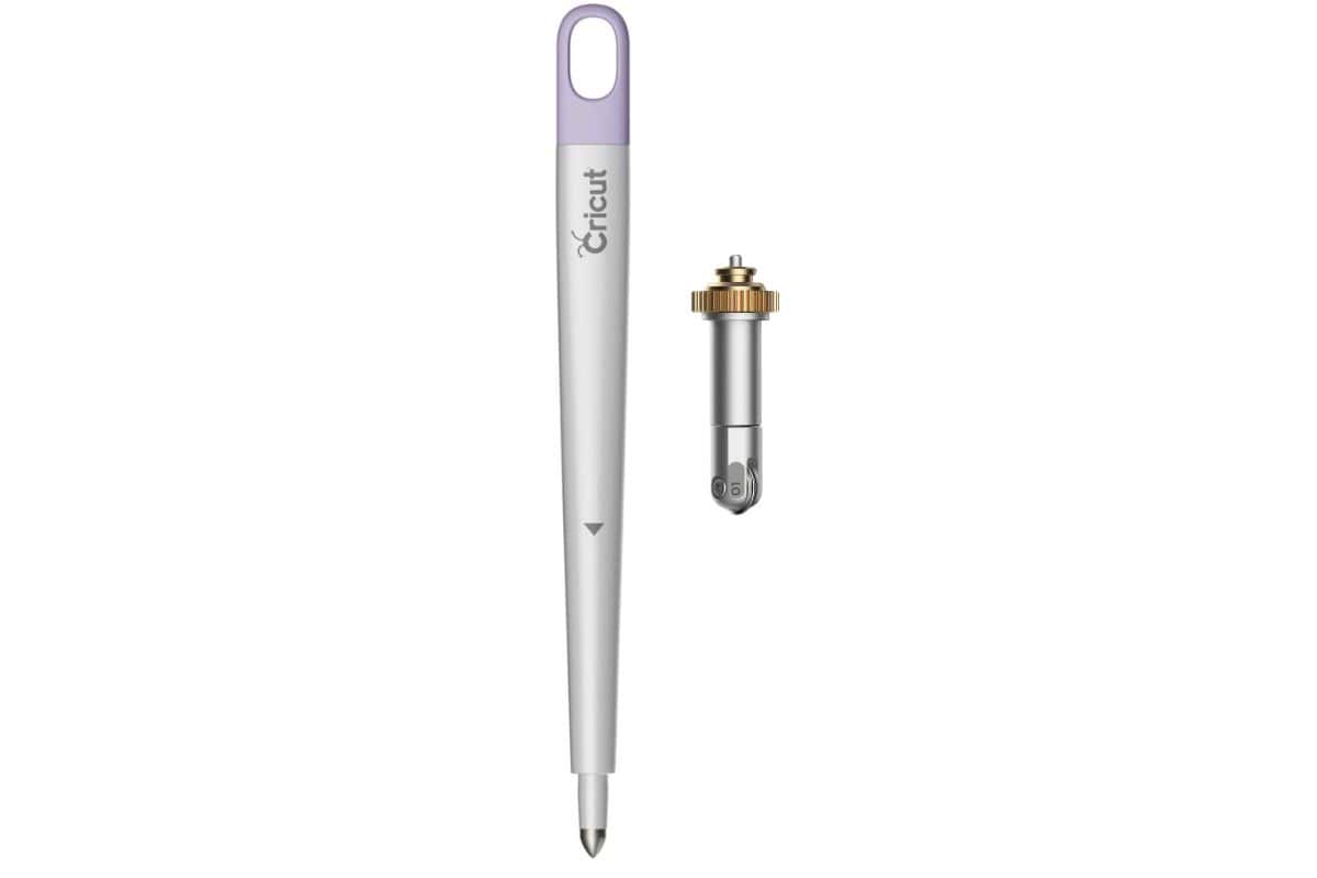 Cricut scoring stylus and scoring wheel shown side by side on a white background, used for making precise folds in paper crafting projects.