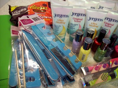 lotions, fingernail polishes, and pedicure kits to put in the goodie bags
