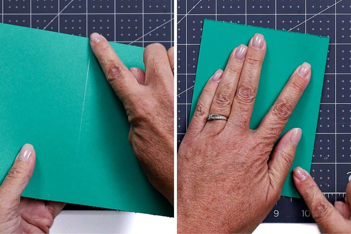 Two side-by-side images showing hands folding teal cardstock along a scored line on a Cricut cutting mat with measurement grid lines.