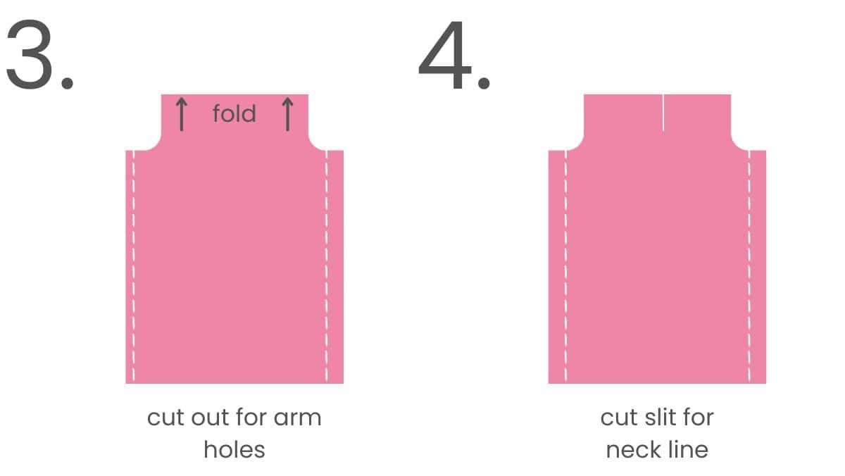 Steps 3 and 4 of a maternity maxi dress tutorial showing where to cut arm holes and a vertical slit for the neckline on folded fabric after sewing the sides.