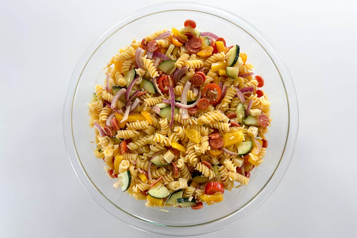 A bowl of Olive Garden Supreme Pasta Salad.