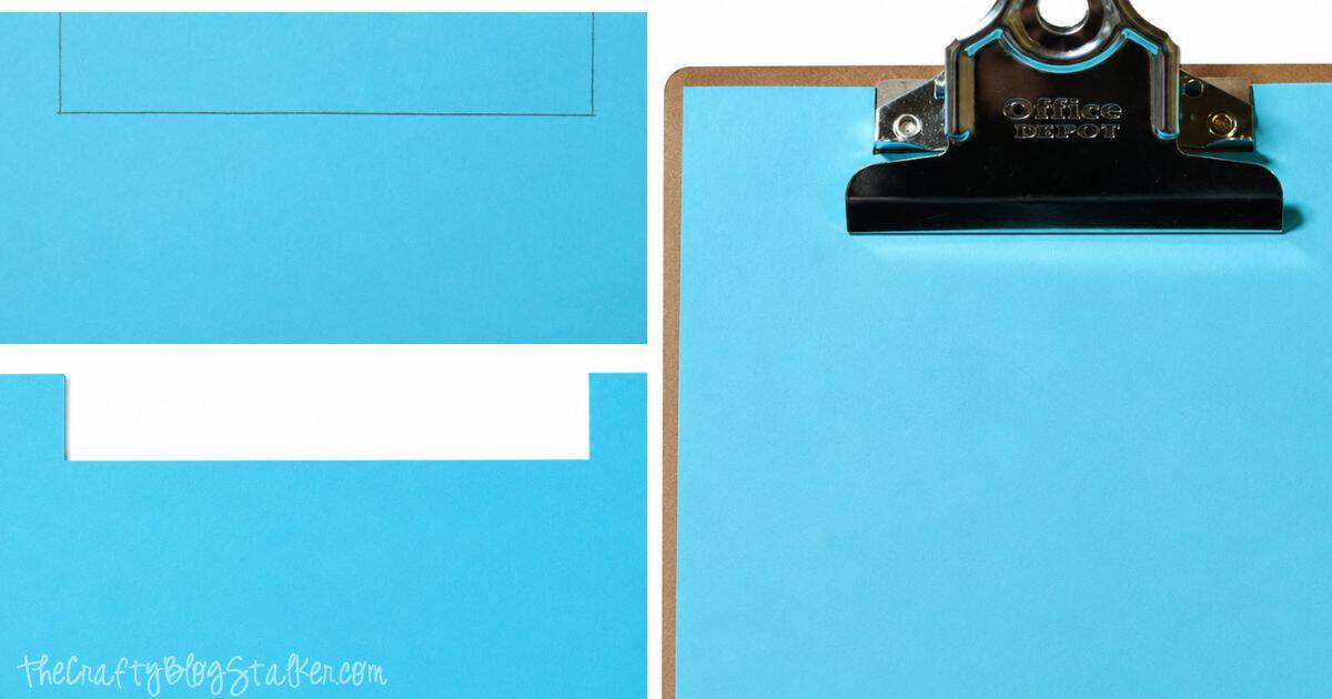 Collage showing how to trim paper with a top notch so it fits neatly beneath the clip on a decorative standing clipboard.