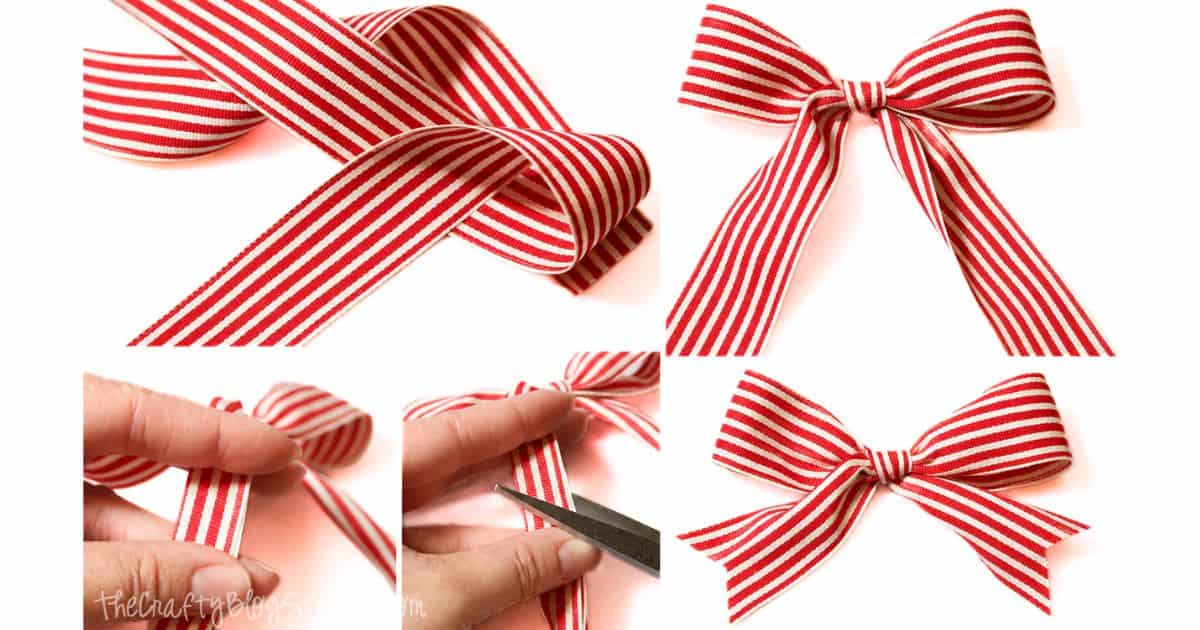 Collage showing step-by-step instructions for tying a red and white striped ribbon into a decorative bow with trimmed tails.