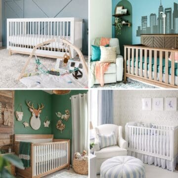 Collage of four stylish boy nursery ideas featuring modern cribs, cozy seating, woodland themes, neutral decor, and blue accent walls.