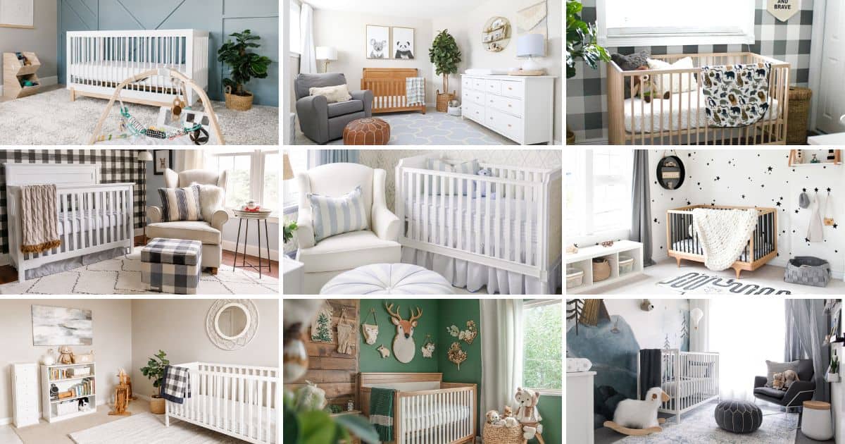 12 Beautiful Boy Nursery Ideas Collage of nine stylish boy nursery ideas featuring modern cribs, cozy seating, woodland themes, neutral decor, and blue accent walls.