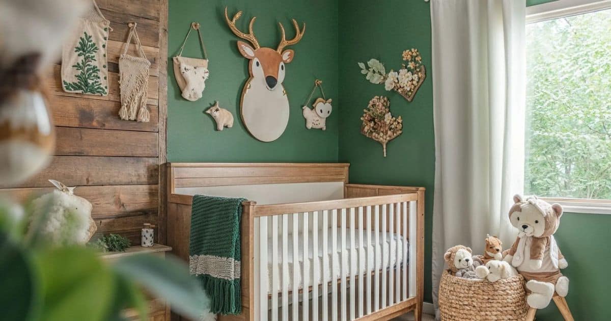 Forest-themed nursery with a wood crib, green walls, rustic wood accents, deer wall decor, plush animals, and a large window with white curtains.