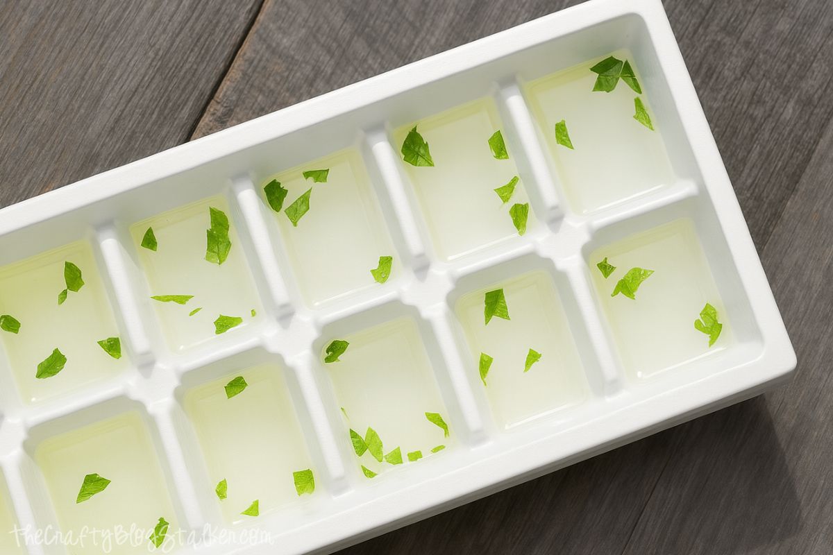 White ice cube tray filled with lemonade and chopped mint leaves in each compartment, ready to be frozen on a wooden surface.
