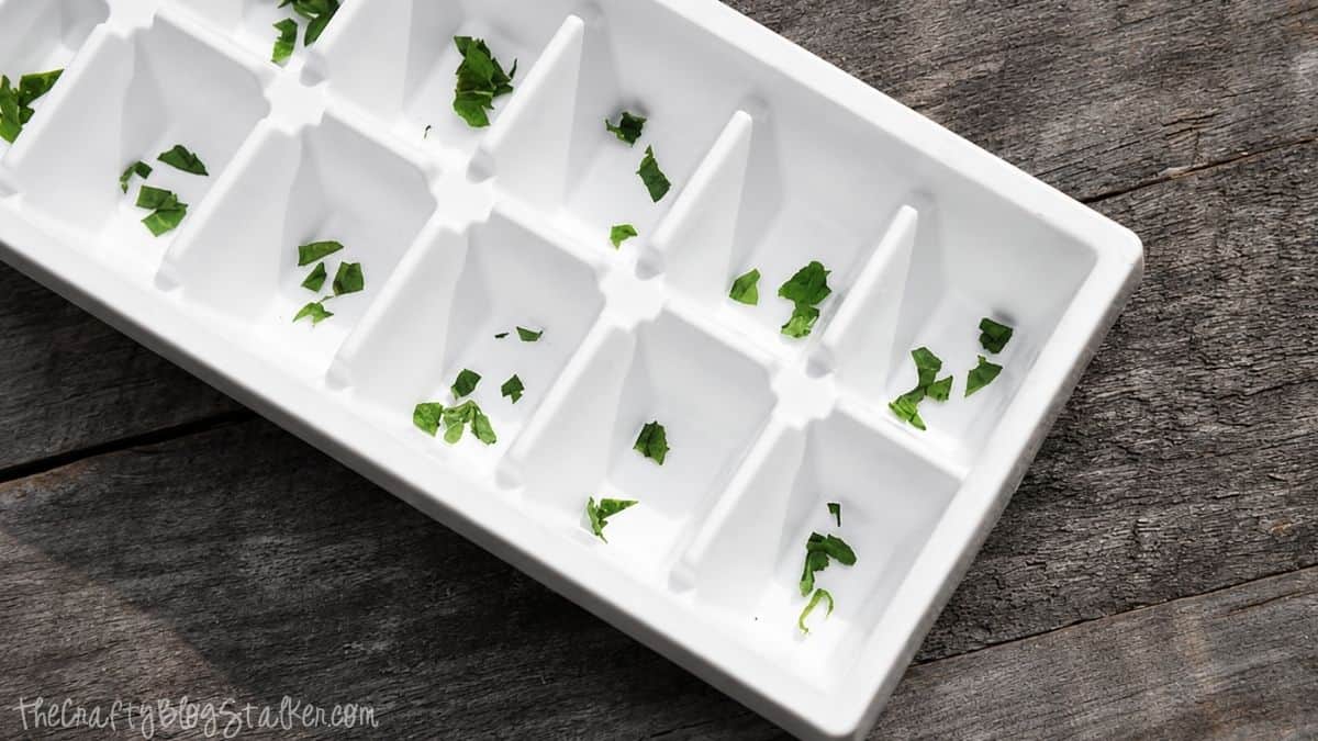 A white ice cube tray with chopped fresh mint leaves placed in each compartment, sitting on a rustic wooden surface.