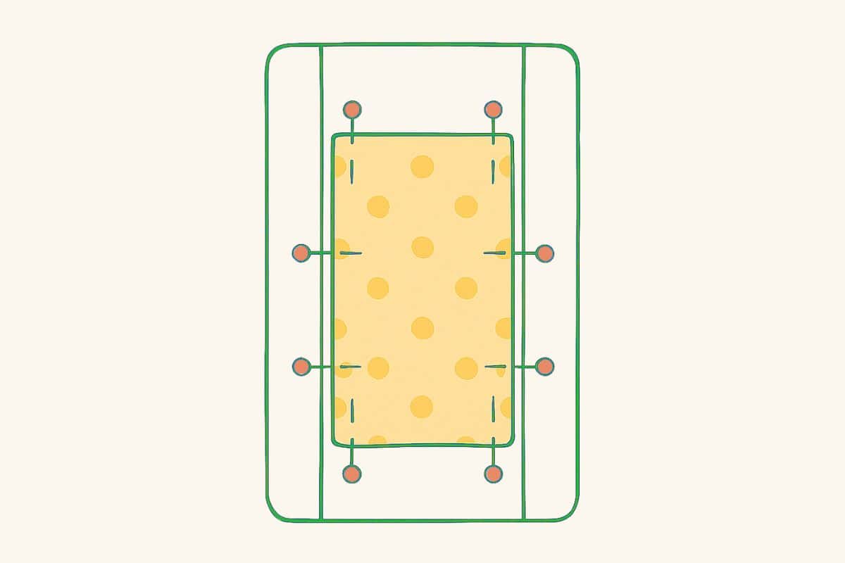 Illustration of a yellow polka dot fabric pinned to a green rectangular base, showing fabric alignment and pinning before sewing.