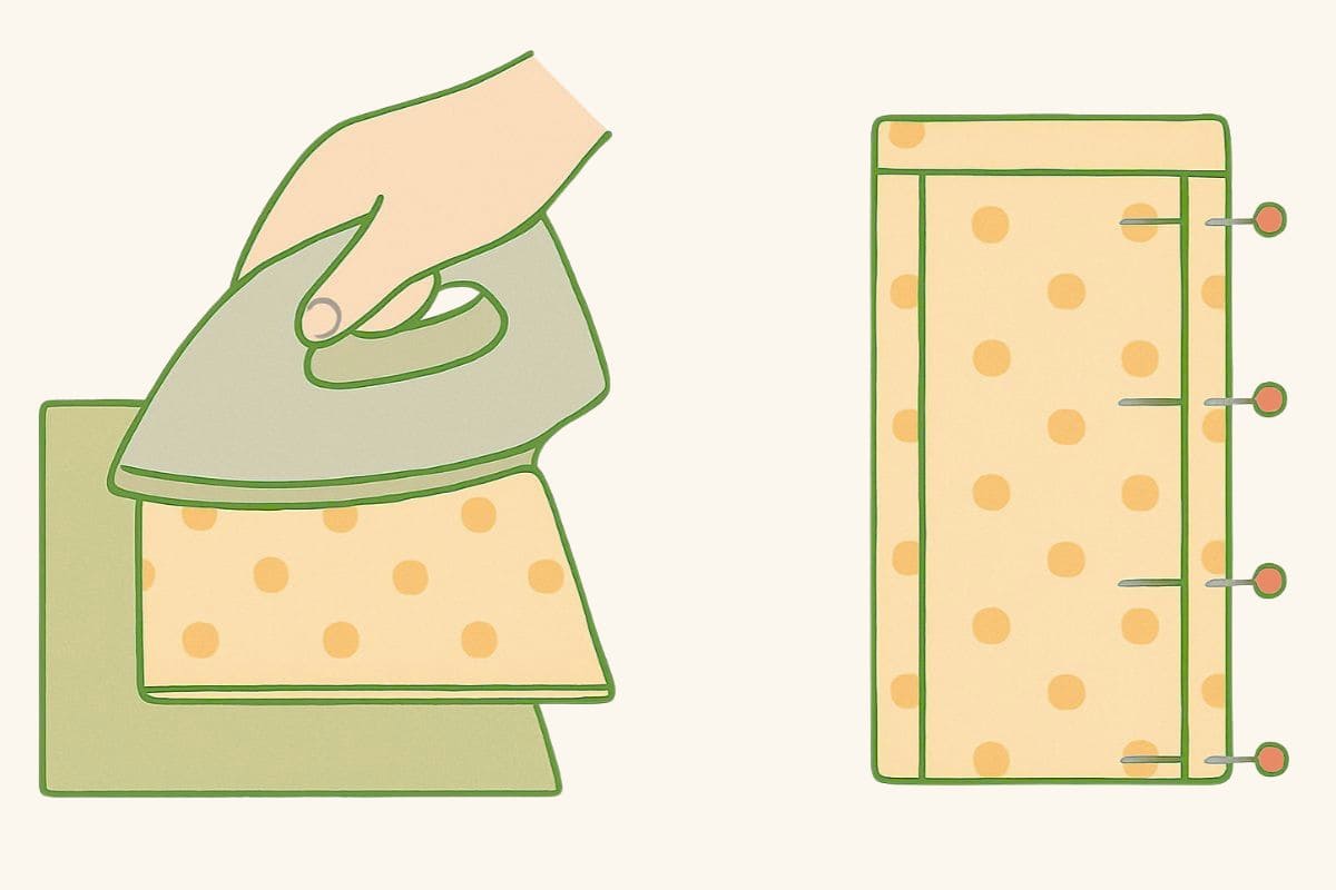 Illustration showing fabric being ironed and pinned with folded edges, preparing the center panel of a burp cloth for sewing.