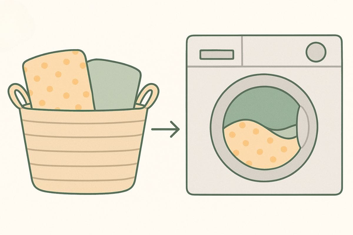 Illustration of fabric in a laundry basket with an arrow pointing to a washing machine, showing the fabric being washed before sewing.