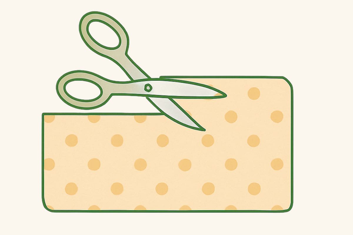 Illustration of scissors cutting a rectangle of polka dot fabric, showing the step of trimming fabric for the center section of a cloth diaper.