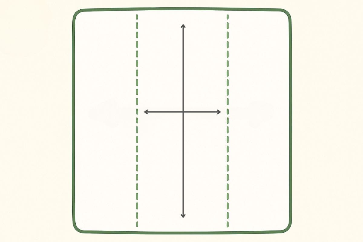 Illustration showing how to measure the center section of a cloth diaper with vertical dashed lines and arrows indicating height and width.