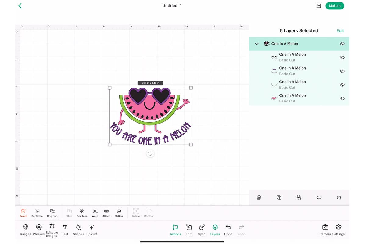 Screenshot of Cricut Design Space with the uploaded one in a melon design.