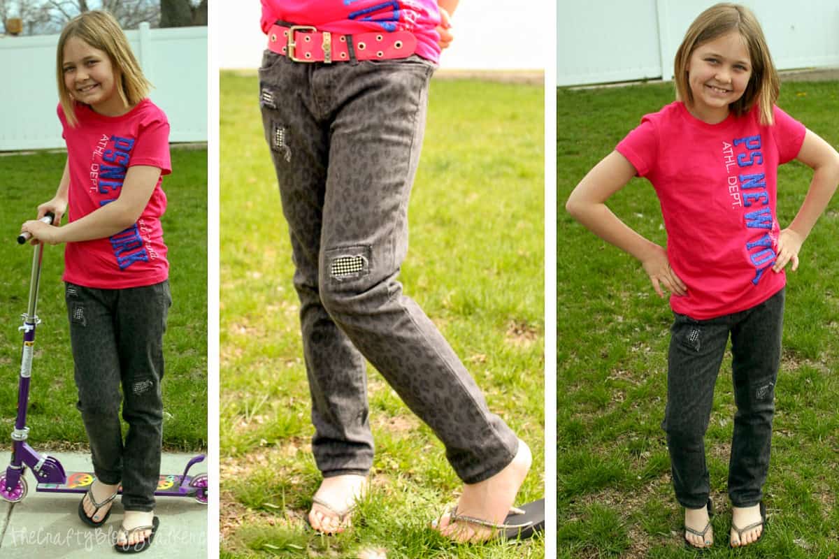 Collage with 3 images of a young girl modeling her bling jeans.