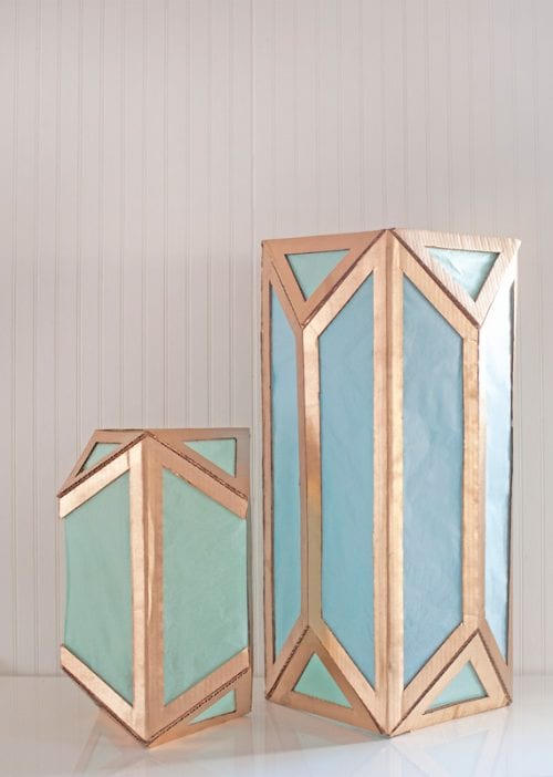 Cardboard lantern in blue and gold.