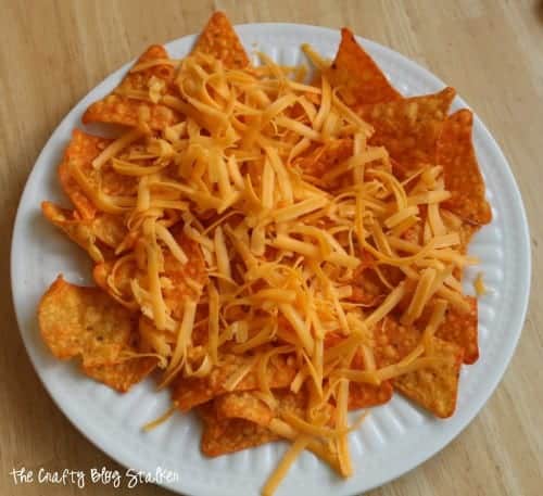 image of a plate filled with Doritos and shredded cheese