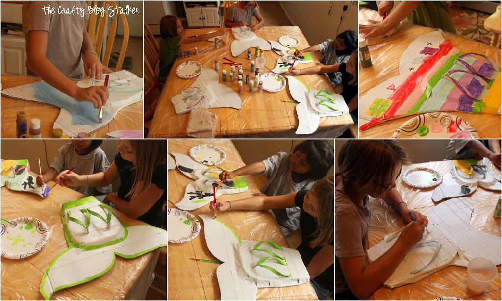Collage image showing 4 girls painting and adding gems to their mermaid tails.