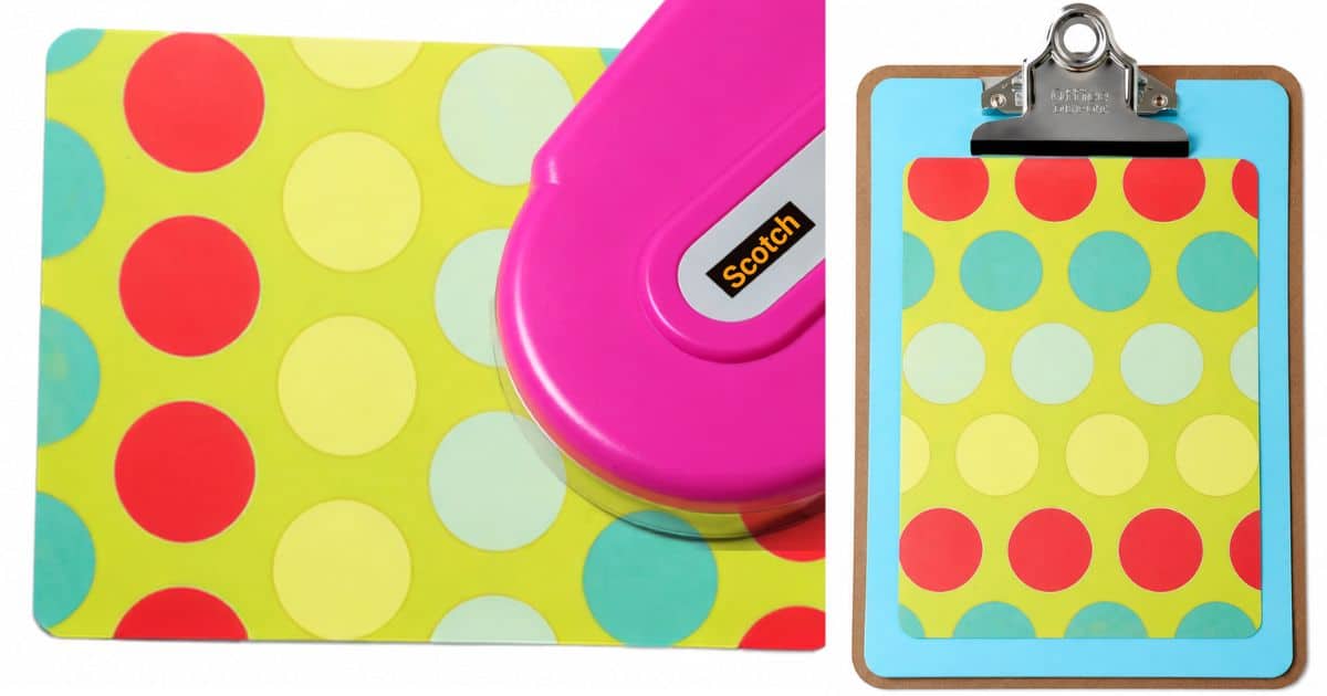 Collage showing decorative paper with rounded corners and a completed standing clipboard covered with colorful polka dot scrapbook paper.