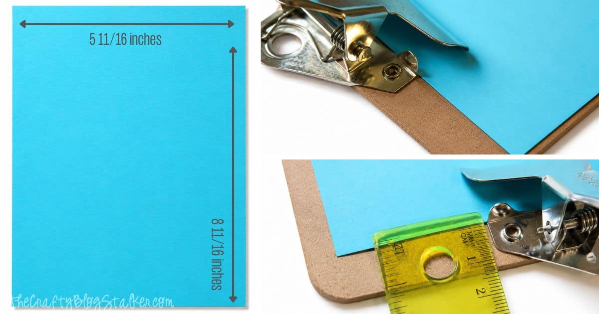 Collage showing a blue paper cut to 5 11/16 by 8 11/16 inches and clipped onto a decorative standing clipboard with close-up assembly details.