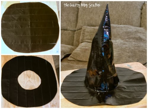 making a witch hat out of sheets of black duct tape strips