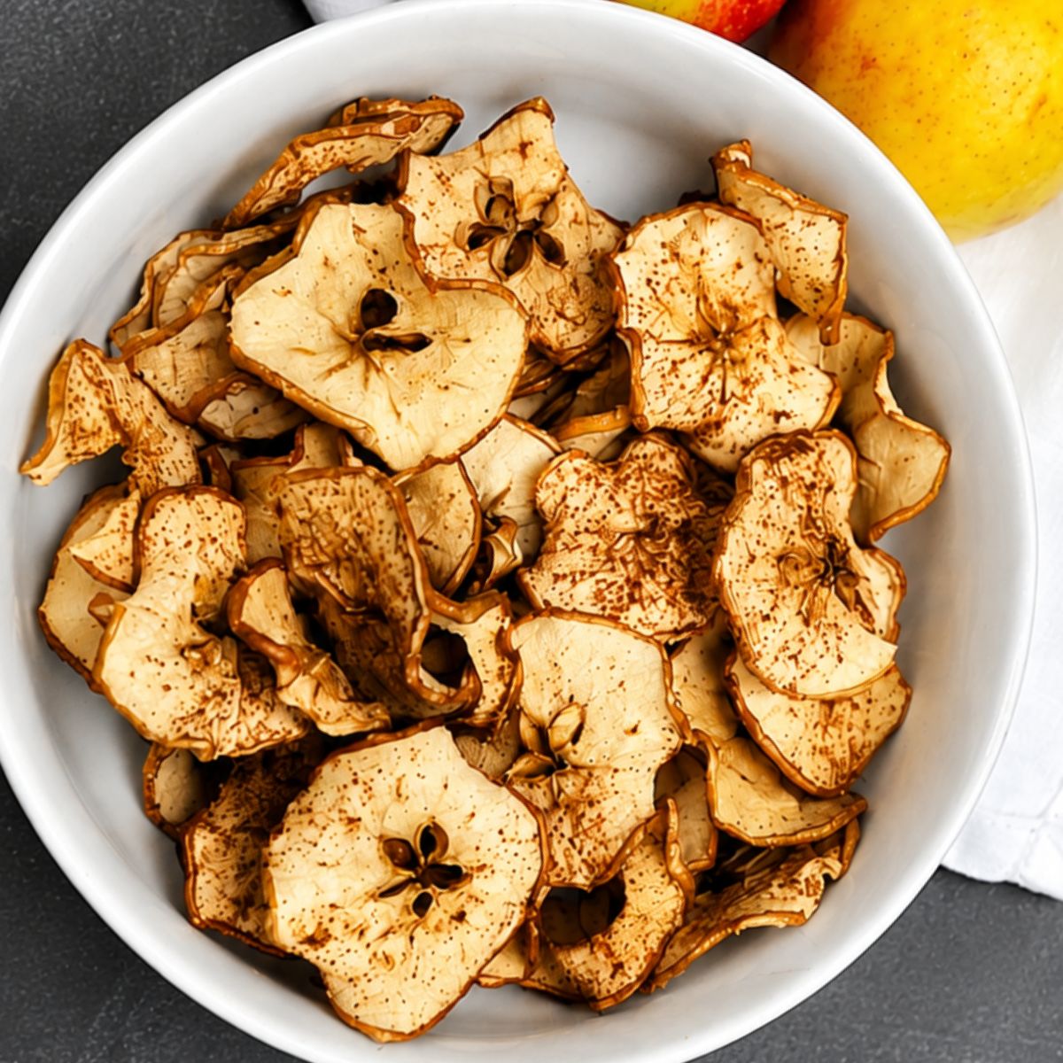 Close-up of homemade crispy apple chips sprinkled with cinnamon in a white bowl, with fresh apples in the background.