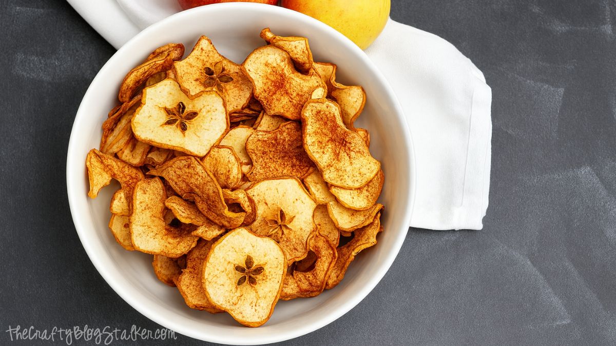 Bowl of homemade baked apple chips seasoned with cinnamon, placed on a dark surface beside fresh apples and a white napkin.