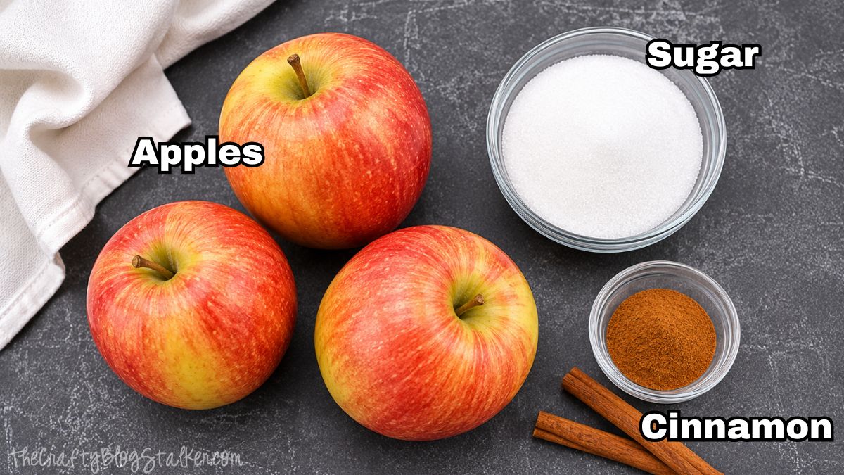 Three red apples with bowls of sugar and cinnamon on a dark countertop, labeled as ingredients for homemade apple chips.