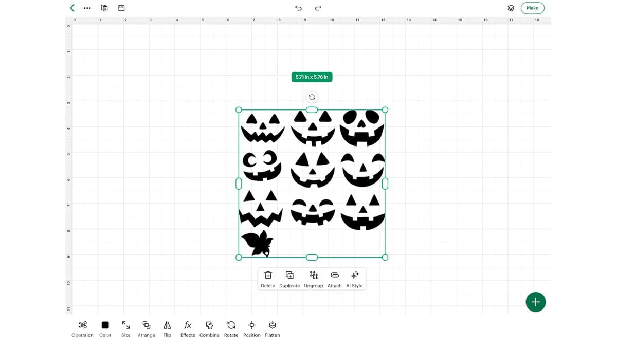 Jack-o'-lantern face SVG bundle selected and ready to ungroup in Cricut Design Space.