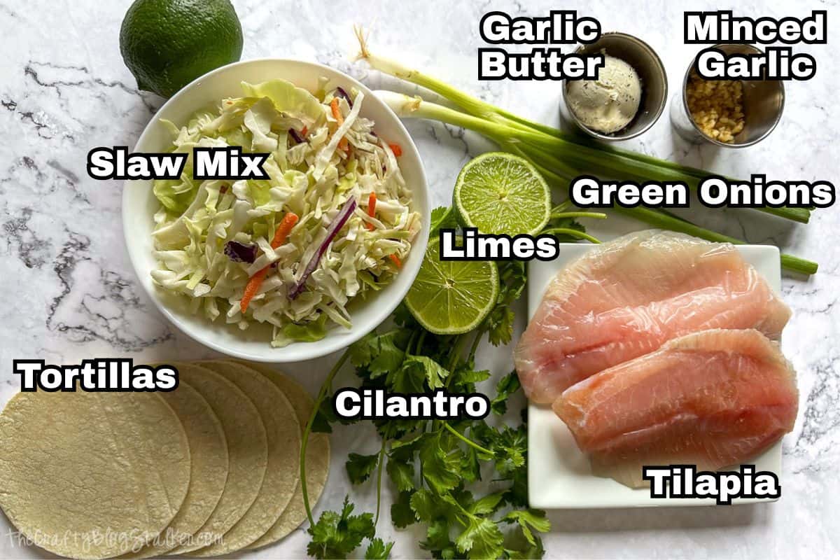 Flat lay of fish taco ingredients including tilapia fillets, slaw mix, tortillas, limes, green onions, cilantro, garlic butter, and minced garlic.