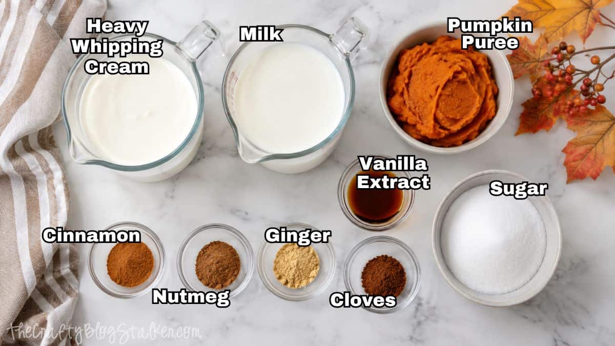 Ingredients for pumpkin spice creamer including cream, milk, pumpkin puree, vanilla, sugar, cinnamon, nutmeg, ginger, and cloves.
