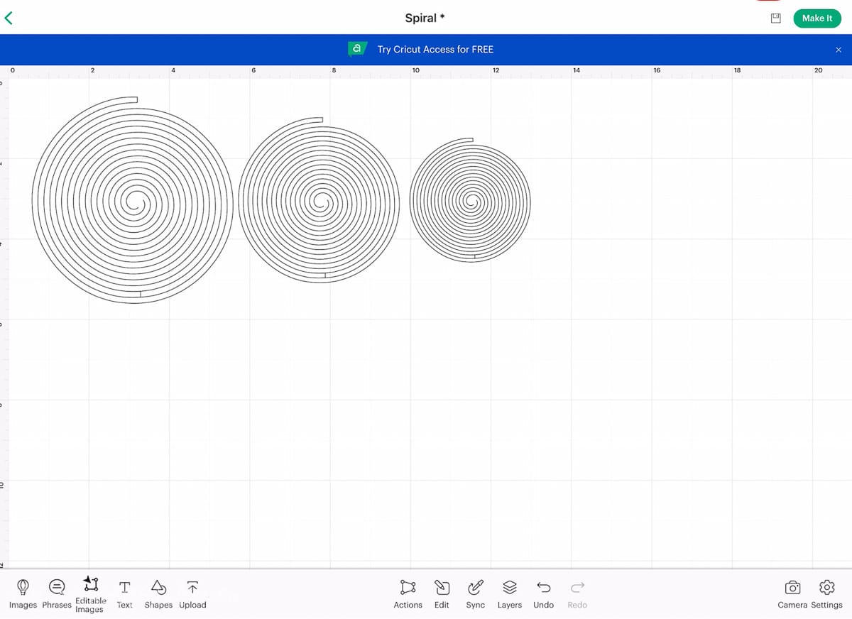 Screenshot of spirals in Cricut Design Space.