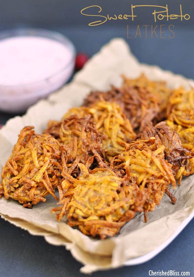 A Sweet Potato Latkes recipe with a Cranberry Jalapeno Dip that adds a delicious and spicy twist