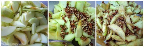green apples tossed with pecans, nutmeg, sugar and cinnamon