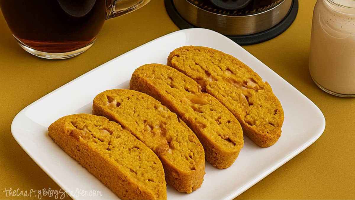 Pumpkin biscotti slices arranged on a white plate with coffee and cream nearby.