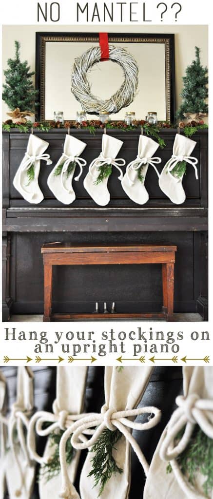 A Rustic Christmas Mantel featuring real cedar garland and drop cloth stockings