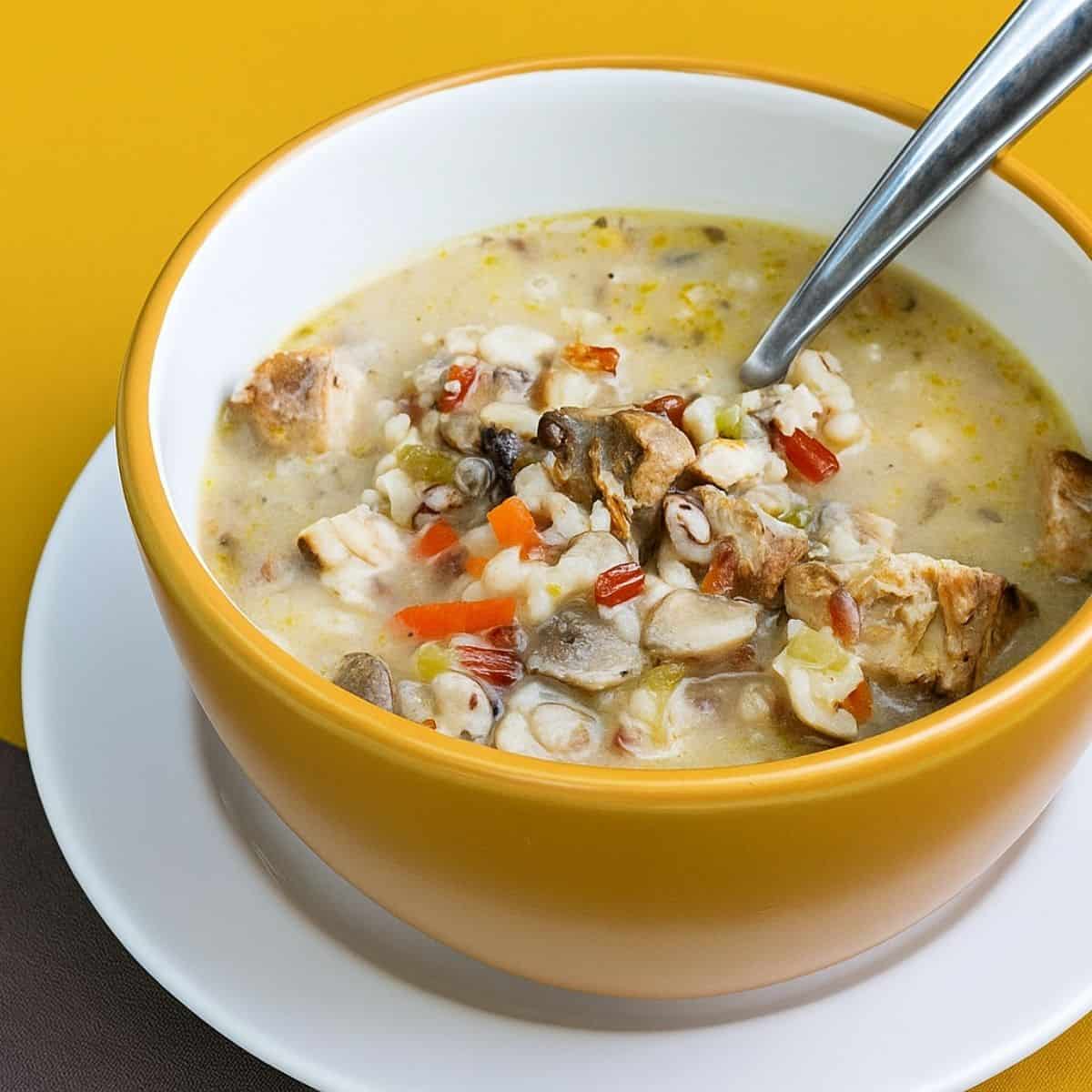 A bowl of creamy chicken and wild rice soup filled with diced vegetables, tender chicken, and a blend of colorful grains, served with a spoon in a yellow-rimmed bowl.