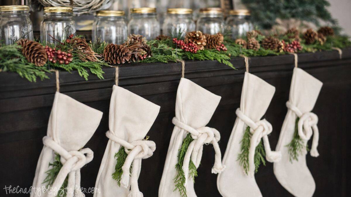 A Rustic Christmas Mantel featuring real cedar garland and drop cloth stockings Close-up of white stockings tied with rope and greenery, hanging from a piano decorated with pine garland, pinecones, berries, and jars.