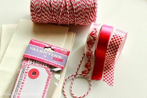 red baker's twine, washi tape and valentine's day tags