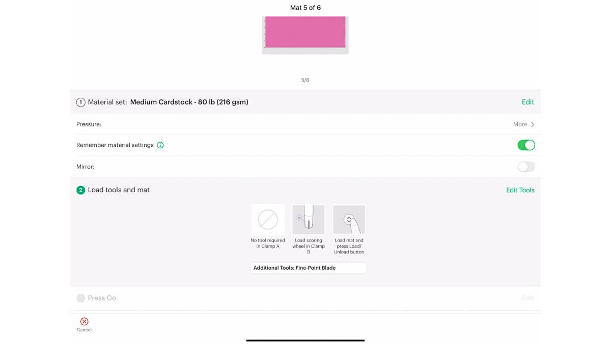 Cricut Make It screen showing material set to medium cardstock, scoring wheel and fine-point blade selected, and instructions to load the mat.